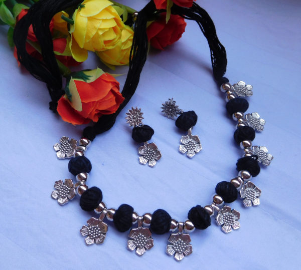 Black Silver Flower Oxidised Set